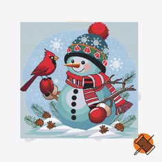 a cross stitch snowman with a red bird