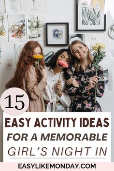 15 Easy Activity Ideas for a Memorable Girl's Night In. Here's how to spend a fun week night with friends or a plan a relaxing weekend with your girls. Includes our top indoor activities for girls night, affordable girls night party ideas, and activities to do at home with friends any night of the week. Activities For Girls Night, Girls Night Party Ideas, Adult Sleepover, Girls Night Ideas, Girls Night Dinner, Night Party Ideas, Activities To Do At Home, Girls Party Games, Girls Brunch