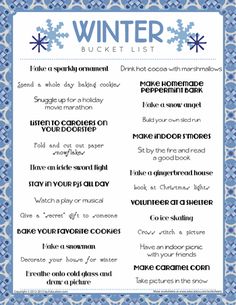 a winter bucket list with snowflakes and words in blue, white and black