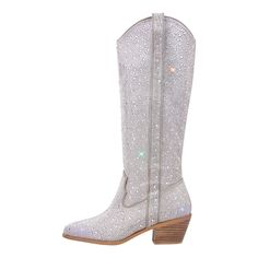 Rhinestone Mid-Calf Cowboy Western Boots Rhinestone Boots, Silver Boots, Custom Boots, Zipper Heels, Western Booties, Pu Heels, Drag Queens, Pointed Toe Heels, Boots Knee