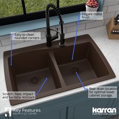 an image of a kitchen sink labeled in blue and brown colors with instructions on how to install the faucet