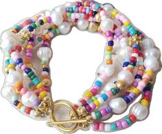 Multicolor Pearl Bracelets With Round Beads, Multicolor Pearl Bracelet With Spacer Beads, Adjustable Multicolor Pearl Bracelet With Colorful Beads, Multicolor Bracelets With Pearl Charm And Round Beads, Multicolor Pearl Bracelet With Colorful Beads, Multicolor Pearl Charm Bracelets With Round Beads, Handmade Multicolor Pearl Beaded Bracelets, White Multi-strand Bracelets With Colorful Beads, Adjustable Multicolor Pearl Bracelet