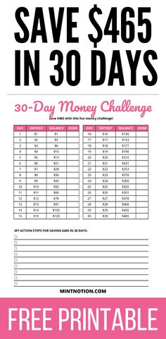 the free printable coup for 30 - day money challenge is shown in pink and black