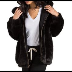 Brand New With Tags No Flaws Beautiful Jacket Size Extra Small Trendy Hooded Fur Coat For Fall, Hooded Fur Coat With Faux Fur Lining For Fall, Hooded Faux Fur Coat For Fall, Long-sleeved Double-lined Hood Fur Coat For Fall, Black Hooded Fur Coat For Fall, Faux Fur Hooded Jacket For Cold Fall Weather, Black Hooded Faux Fur Outerwear, Fall Faux Fur Hooded Jacket For Cold Weather, Fall Fur Coat With Double-lined Hood For Cold Weather