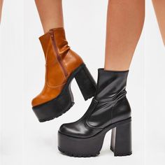 Accidentally Bought An Extra Pair, So Just Tryna Get These Off My Hands! Sold Out Online, Brand New, Super Cute Fall Weather Vibe Shoes #Platform #Black #Platformboots #Platformheels #Tan #Dollskill Retro Black Heels For Fall, Retro Black Heeled Boots With Round Toe, Retro Ankle-high Heels For Fall, Brown Retro High Heel Platform Boots, Retro Brown High Heel Platform Boots, Vibe Shoes, Ankle Platform Boots, Platform Boots Black, Dolls Kill Shoes