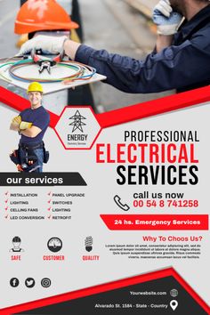 an advertisement for electrical services with two men working on the back of a fire hydrant