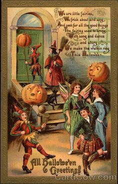 an old fashioned halloween postcard with children dressed in costumes