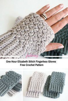 four different images of crocheted fingerless gloves with text that reads, one hour elizabeth stitch fingerless gloves free crochet pattern