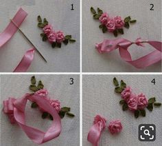 four pictures showing how to make pink flowers with ribbon and leaves on the side, along with instructions for making them