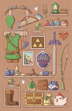 the legend of zelda's collection is displayed on a shelf with other items