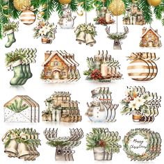 christmas decorations and ornaments are arranged on a white background, including stockings, stockings, holly branches