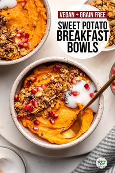 two bowls filled with sweet potato breakfast bowls