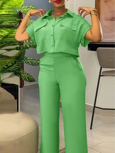 2pcs Set: Solid Color Buttoned Collar Top And Long Pants Green Casual    Plain  Non-Stretch  Women Clothing, size features are:Bust: ,Length: ,Sleeve Length: Plain Jumpsuit Outfit, Two Pcs Outfit, 2 Pieces Outfits For Women Casual, Corporate Two Piece Outfits, 2piece Outfits Trouser And Top, Ankara 2 Piece Set Pants, 2pcs Trouser And Top, Pant Top Set Women, Tops And Trousers For Women