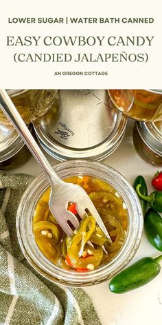 an image of easy cowboy candy in a jar with peppers and jalapenos