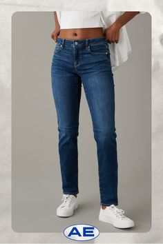 Next Level Stretch/Our softest, stretchiest, never-loses-its-shape denim/Super soft inside and out, comfortable, and lightweight./Won't bag out. Ever./Dark wash Denim Blue Mid-rise Jeans, Next Level, Low Rise, Women's Jeans, American Eagle Outfitters, American Eagle, Women Jeans