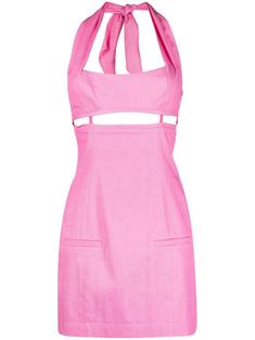 La Robe Limao minidress from Jacquemus featuring light pink, halterneck tie fastening, square neck, sleeveless, cut-out detailing, adjustable strap to the front, front hook and eye fastening, thigh-length and two front welt pockets. Chic Pink Mini Dress With Tie Straps, Chic Halter Neck Mini Dress With Tie Straps, Cutout Halter Neck Mini Dress, Pink Halter Neck Dress With Tie Straps, Linen Mini Dress With Tie Back, Summer Halter Neck Dress With Strap Detailing, Summer Backless Mini Dress With Strap Detailing, Halterneck Mini Dress, Mini Dress Pink