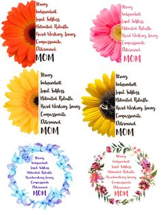 four different types of flowers with the names of each flower and their corresponding words on them