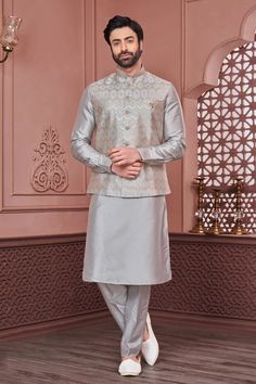 Grey Color Embroidery Work Engaging Banarasi Silk Fabric Festive Wear Traditional Jacket, Chinese Collar, Kurta Pyjama, Color Embroidery, Jacquard Jacket, Embellished Jacket, Kurta Pajama, Nehru Jackets, Festive Wear