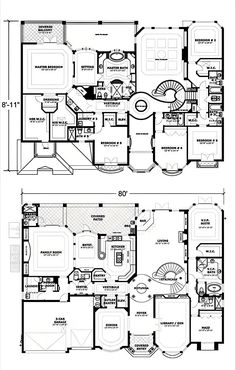 two story house plans with an open floor plan for the first and second floors,