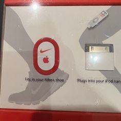 an apple product is displayed in a red frame with the words,'first in your nike shoe plugs into your ipod radio '