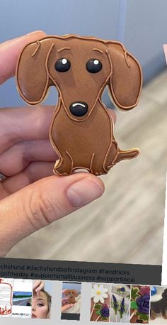 a person holding a dog shaped cookie in their left hand and photos on the right