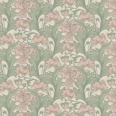 an old wallpaper with pink flowers and green leaves on the bottom half of it