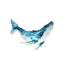 a painting of a blue whale in the ocean with watercolor paint on it's back