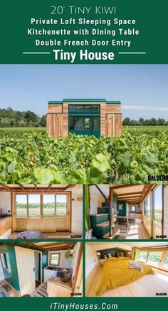 tiny house in the middle of a field with lots of windows and plants on it