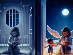 two pictures of children with angel wings and teddy bears in their crib at night