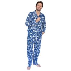 Men's Blue Martinique Banana Leaf Long PJ Set | Pure Cotton Pajamas | Sant and Abel Leaf Collection, Banana Leaf Print, White Swimwear, Mens Sleepwear, Sleep Shorts, Notch Collar, Sleepwear & Loungewear, Mens Pajamas, Banana Leaf