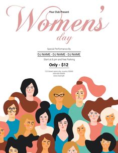 women's day flyer with an image of many different women in the crowd, including one