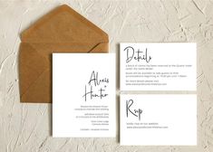 the wedding stationery is set on top of an envelope and two cards with black ink