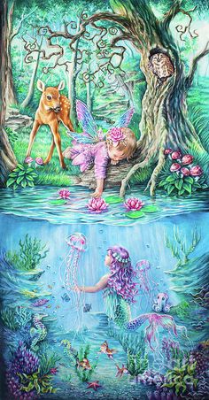 a painting of two mermaids and a deer in the water, with trees around them