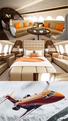 the interior of an airplane is shown in three different pictures, one with a bed and another with a couch