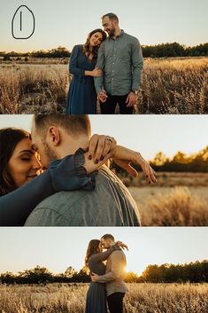 a man and woman standing in a field with their arms around each other as the sun sets behind them