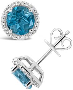 in stock Fine Jewelry Brilliant Cut Blue Topaz Earrings, Fine Jewelry Blue Topaz Round Earrings, White Gold Earrings With Blue Topaz And Diamond Accents, Blue Round Diamond Earrings Fine Jewelry, Blue Topaz Earrings With Diamond Accents, Blue Round Cut Earrings With Halo Setting, Blue Halo Setting Round Cut Earrings, Macy's Round Gemstone Earrings, Blue Earrings With Halo Setting