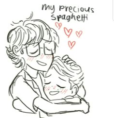 a drawing of a man holding a baby in his arms with the words, my precious spaghetti