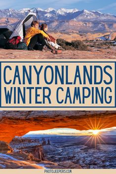 two people camping in canyons with text overlay that reads canyonlands winter camping