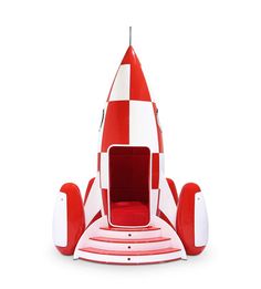 a red and white rocket ship shaped bed