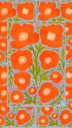 an orange and green floral design on a blue background