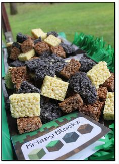 some brownies and rice krispy treats are on a table with green grass in the background