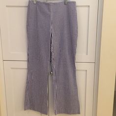 Callipygian Gingham Pants In Excellent Condition Never Worn. Size 2 And 14.5 Inch Waist And 36.5 Length. 100%Cotton With Side Zipper. Navy And White Checks. Gingham Straight Leg Bottoms For Spring, Spring Gingham Straight Leg Bottoms, Gingham Pants For Summer Workwear, Spring Gingham Wide Leg Bottoms, Summer Gingham Pants For Workwear, Summer Gingham Workwear Pants, Chic Gingham Wide Leg Pants, Summer Workwear Gingham Pants, Chic Gingham Cotton Bottoms