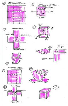 the instructions for how to make an origami box with pink paint on it