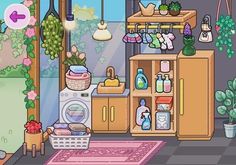 a room filled with lots of clutter and furniture next to a window covered in potted plants