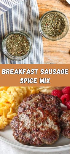 breakfast sausage spice mix on a plate with eggs and raspberries next to it