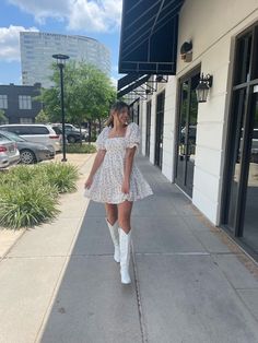 Country Graduation Dress Cowgirl Boots, White Dress And White Boots, Boots With Hoco Dress, Outfit Ideas With White Cowgirl Boots, White Knee High Cowgirl Boots Outfit, White Boots With Dress Outfit, Birthday Outfit With Cowgirl Boots, Country White Dress With Boots, Cowboy Boots And A Dress