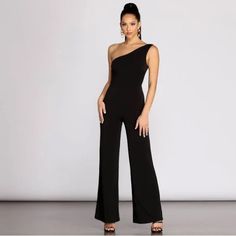 Never Worn!! Fitted Black Jumpsuit For Cocktail, Fitted Black Jumpsuit For Cocktail Occasions, Black Fitted Jumpsuit For Cocktail Events, Sleek Black Jumpsuits For Night Out, Elegant One-shoulder Jumpsuit For Going Out, Elegant One Shoulder Jumpsuit For Going Out, Sleeveless Black Jumpsuit For Cocktail, Black Sleeveless Jumpsuit For Cocktail, Black One-shoulder Jumpsuit For Date Night