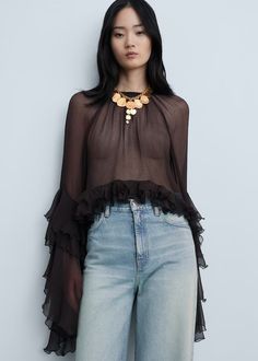 Chiffon crop blouse with ruffles - Woman | MANGO USA Flowy Fabric, Ruffle Long Sleeve, Dress Images, Chiffon Long Sleeve, Gauze Fabric, Flowy Blouse, Chiffon Ruffle, Sheer Fabric, Crop Blouse