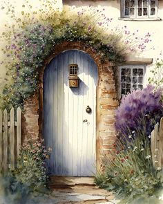 a watercolor painting of a white door with purple flowers on the front and side