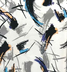 an abstract painting with blue, orange and black brush strokes on white fabric by the yard